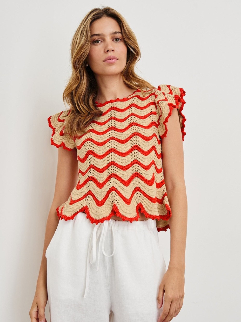 Rails Coen Cherry Oat Stripe Crochet Knit Top w/ Flutter Sleeve Boho in Size M